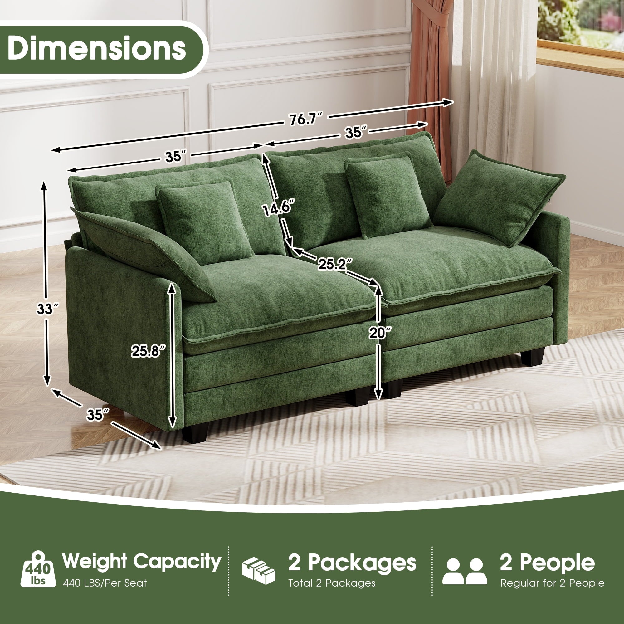 BedLuxury 111.5'' Modular Sectional Sofa with Movable Ottomans, U Shaped Cloud Couch for Living Room, 3-Seat, Grey