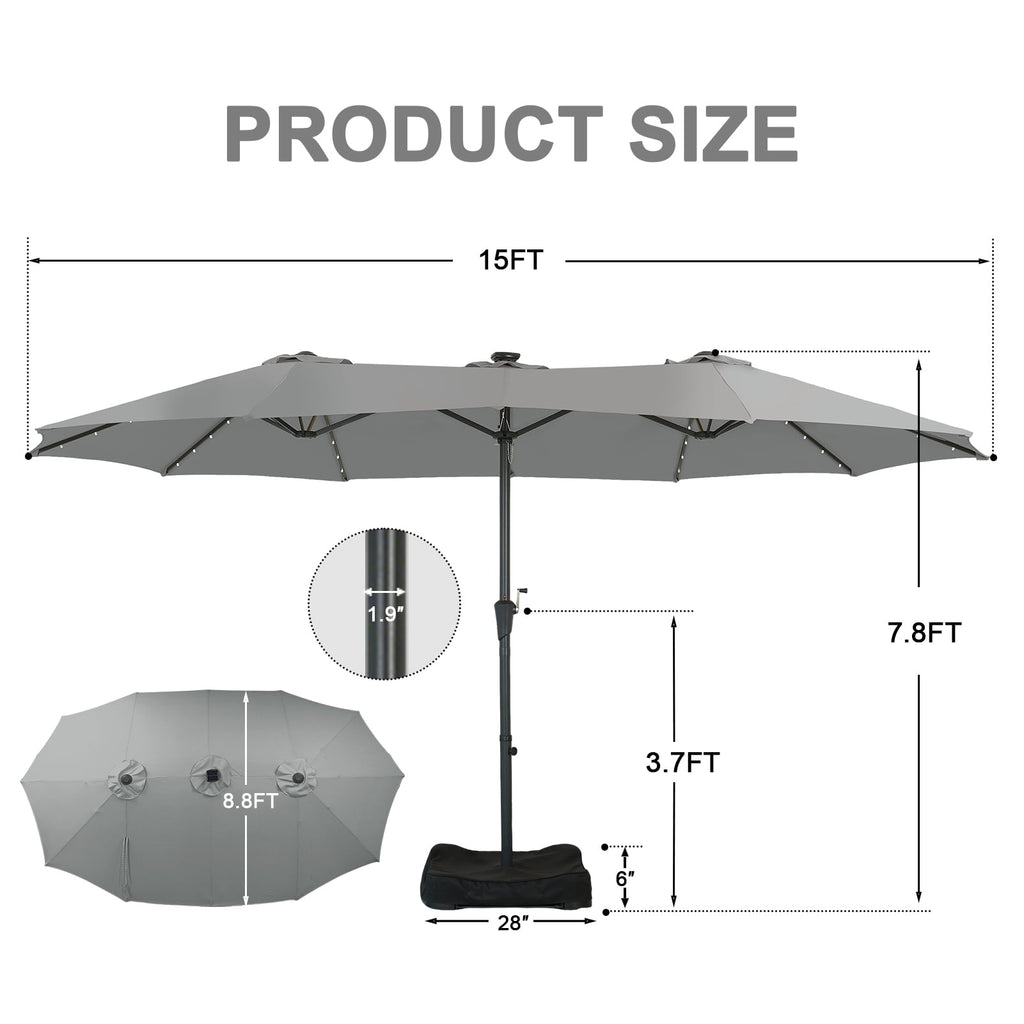 Ainfox 15ft Large Patio Umbrella with Solar Lights, Double-Sided Outdoor Rectangle Table Umbrellas with Sand Bag Base，Beige