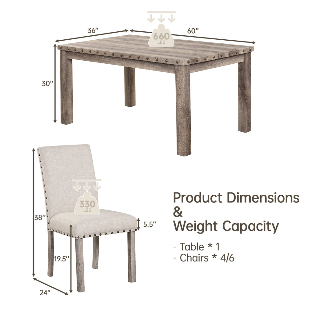 Farmhouse Dining Table Set for 6, Rectangular Wooden Table& 6 Upholstered Kitchen Chairs with Nailhead Accents for Dining Hub,Breakfast Nook