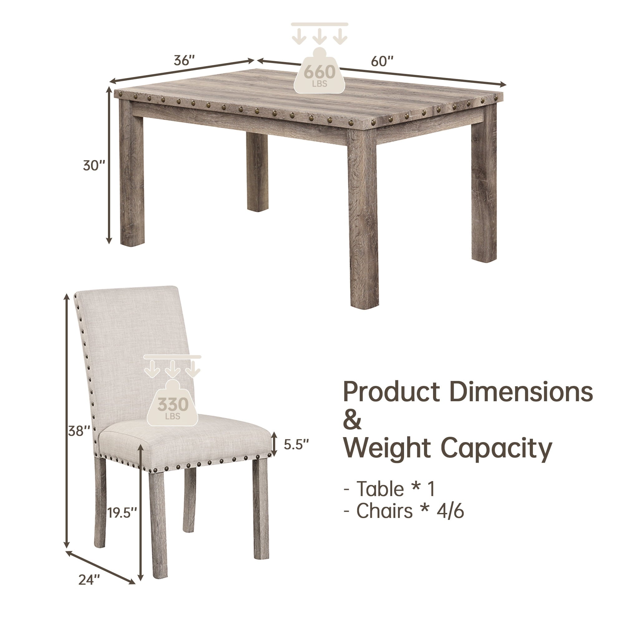 Farmhouse Dining Table Set for 6, Rectangular Wooden Table& 6 Upholstered Kitchen Chairs with Nailhead Accents for Dining Hub,Breakfast Nook