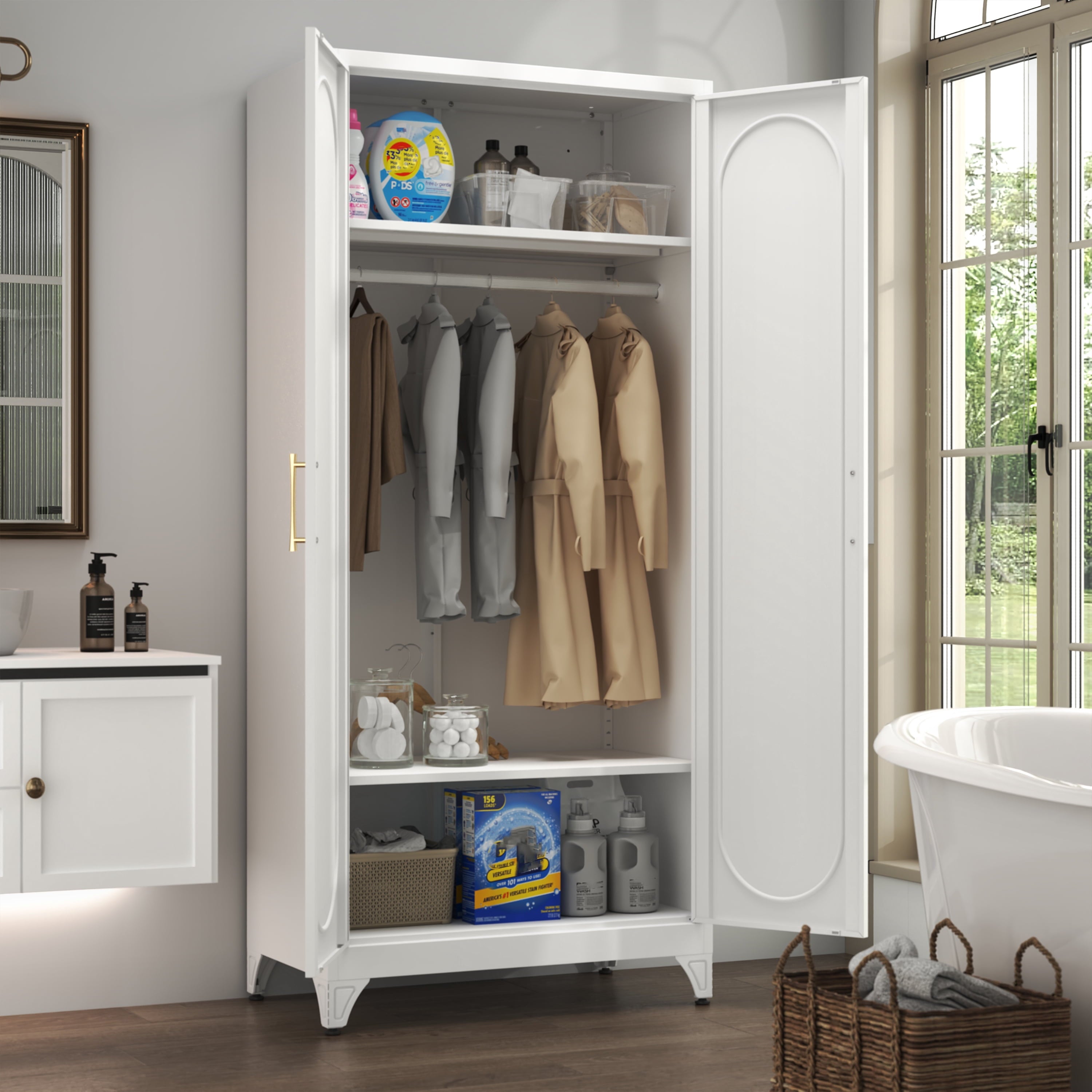 Polup 71 H Modern Metal Sturdy Armoire Cabinet with Shelves and Hanging Rod, Adult Bedroom Wardrobe Closet with Doors