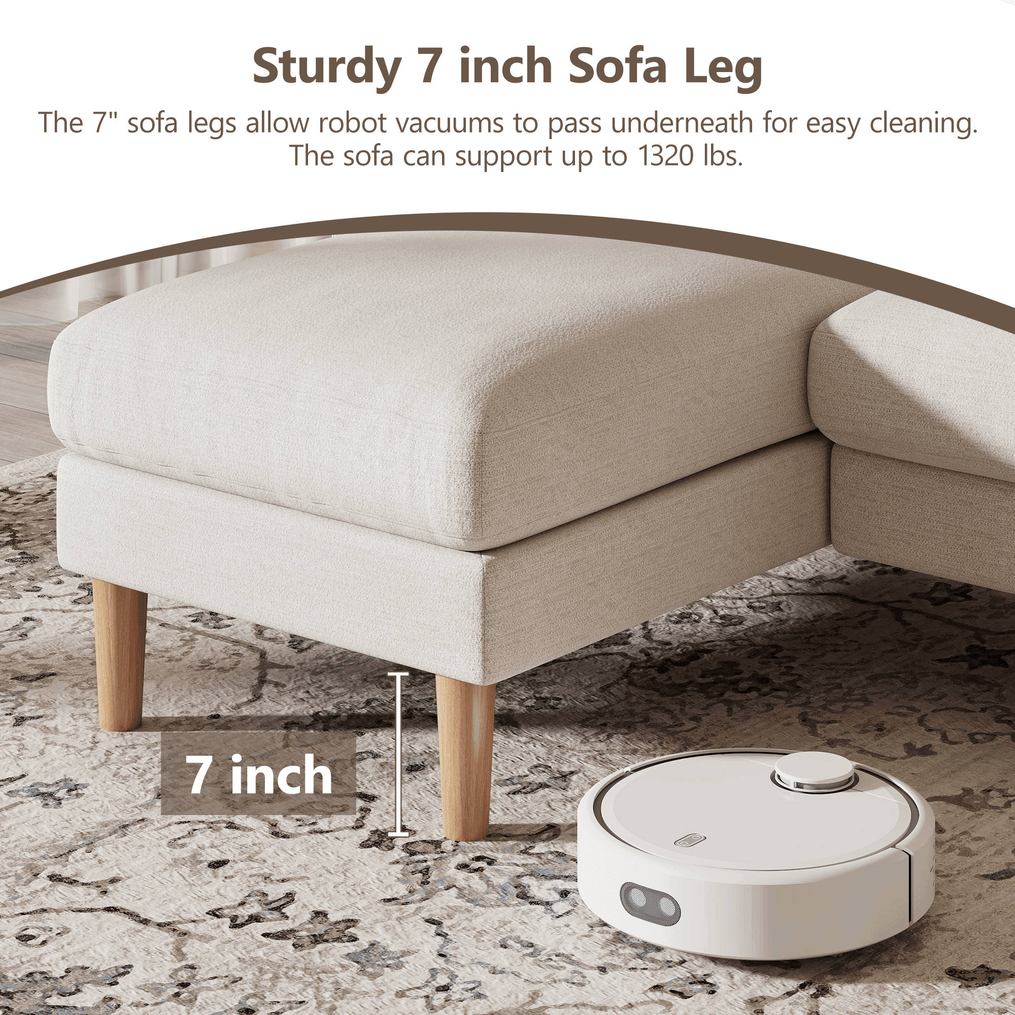 BedLuxury 100 U-Shape Sectional Sofa with Chaise, Chenille Modern Couch with High Legs for Living Room, Apartment, Gray