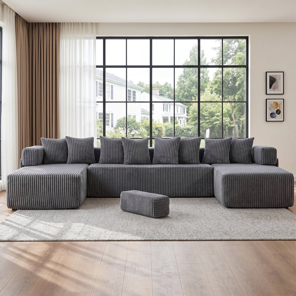 SOULART 138.5 U Shaped Sectional Couch,Gray Cloud Boneless Sofa For Living Room,Plush Corduroy Couches With Deep Seat Chaise Lounge,No Assembly Required