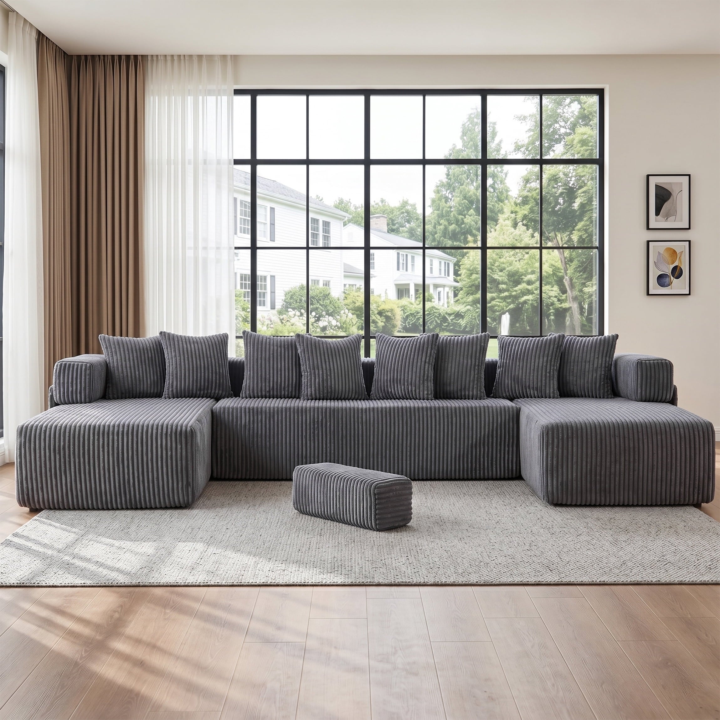 SOULART 138.5 U Shaped Sectional Couch,Gray Cloud Boneless Sofa For Living Room,Plush Corduroy Couches With Deep Seat Chaise Lounge,No Assembly Required