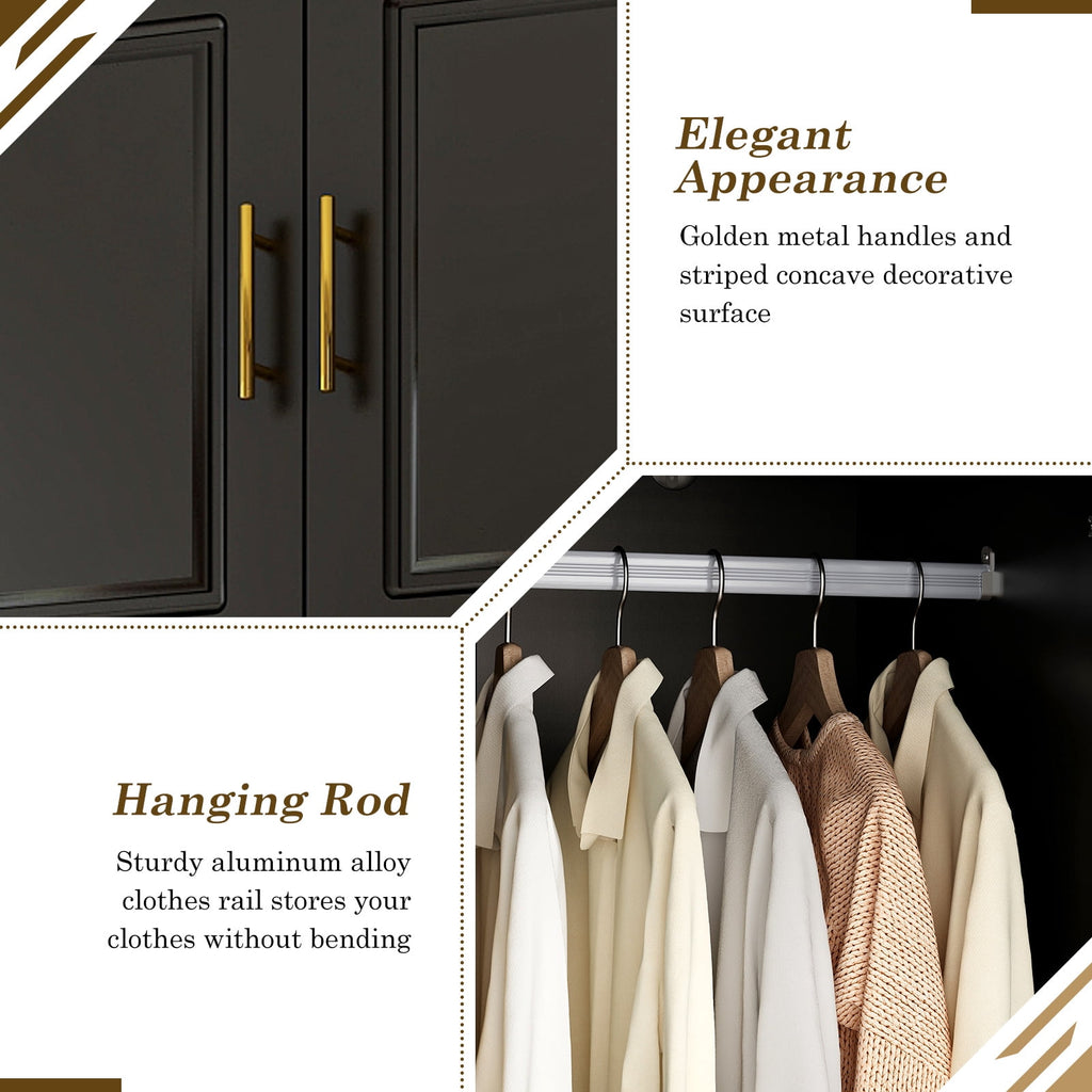 ChVans 3 Door Armoire Wardrobe Closet with Top Cabinet and Mirror, 94.5'' LED Wardrobe Armoire with 3 Drawers, Hanging Rod & Multi-Layer Shelves for Bedroom, Black