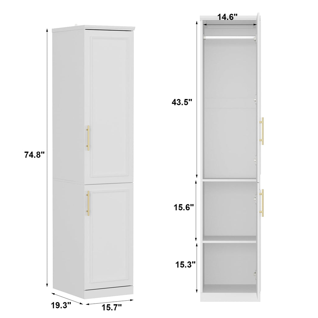 KULAGAGA Wardrobe Closet with Hanging Rod, Modern Wooden Armoire with 4 Framed Doors & 3 Large Shelves, Clothes Storage Cabinet Organizer for Bedroom Apartment, White