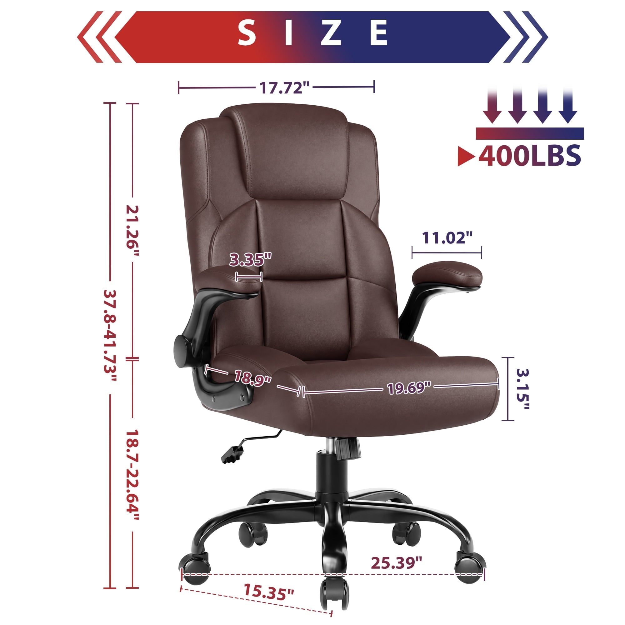 JONPONY Leather Office Chair, Big and Tall 500lbs Ergonomic Desk Chairs with Back Support, Executive Leather Chair with Wheels for Home Office, with Adjustable Padded Armrest & Lumbar Support , Black
