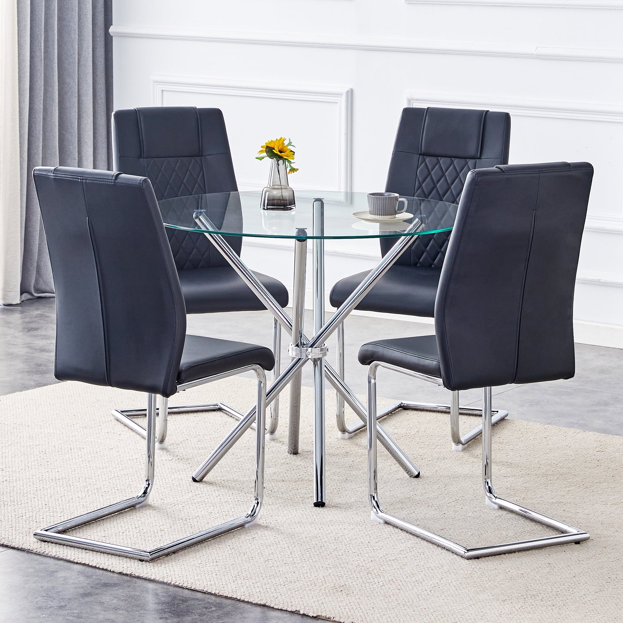 LUFTUT 36.6 Round Glass Dining Table, Modern Gold Base Kitchen Table, Small Space Bistro Table, Clear Tempered Glass Top for Apartmen