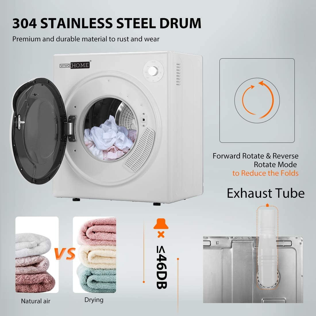 VIVOHOME 1500W Portable Clothes Dryer Machine, 3.5 cu.ft 13Lbs Load, Front Load with Stainless Steel Drum, Adjustable Exhaust Vent