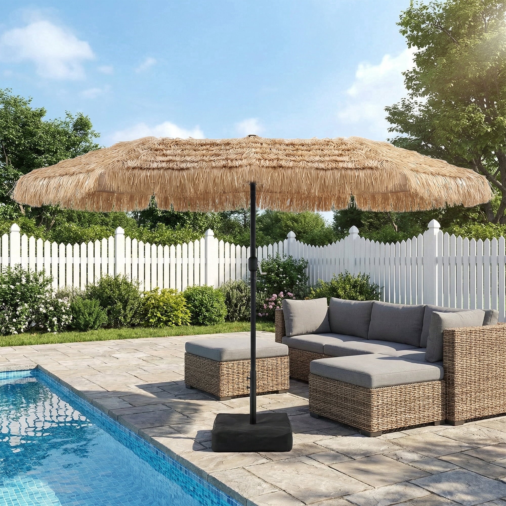 LAZZO 15ft Large Patio Umbrella with Base and Lights, Double-Sided Rectangular Outdoor Deck Umbrella, Tiki Style
