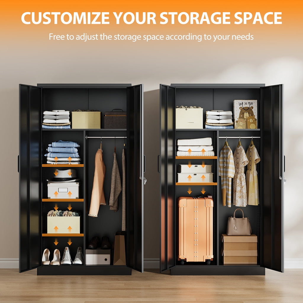 STANI Metal Wardrobe Closet with Hanging Rod, 72 White Armoire Wardrobe Cabinet with Adjustable Shelves, Clothes Storage Organizer Cabinets for Bedroom, Bathroom, Office