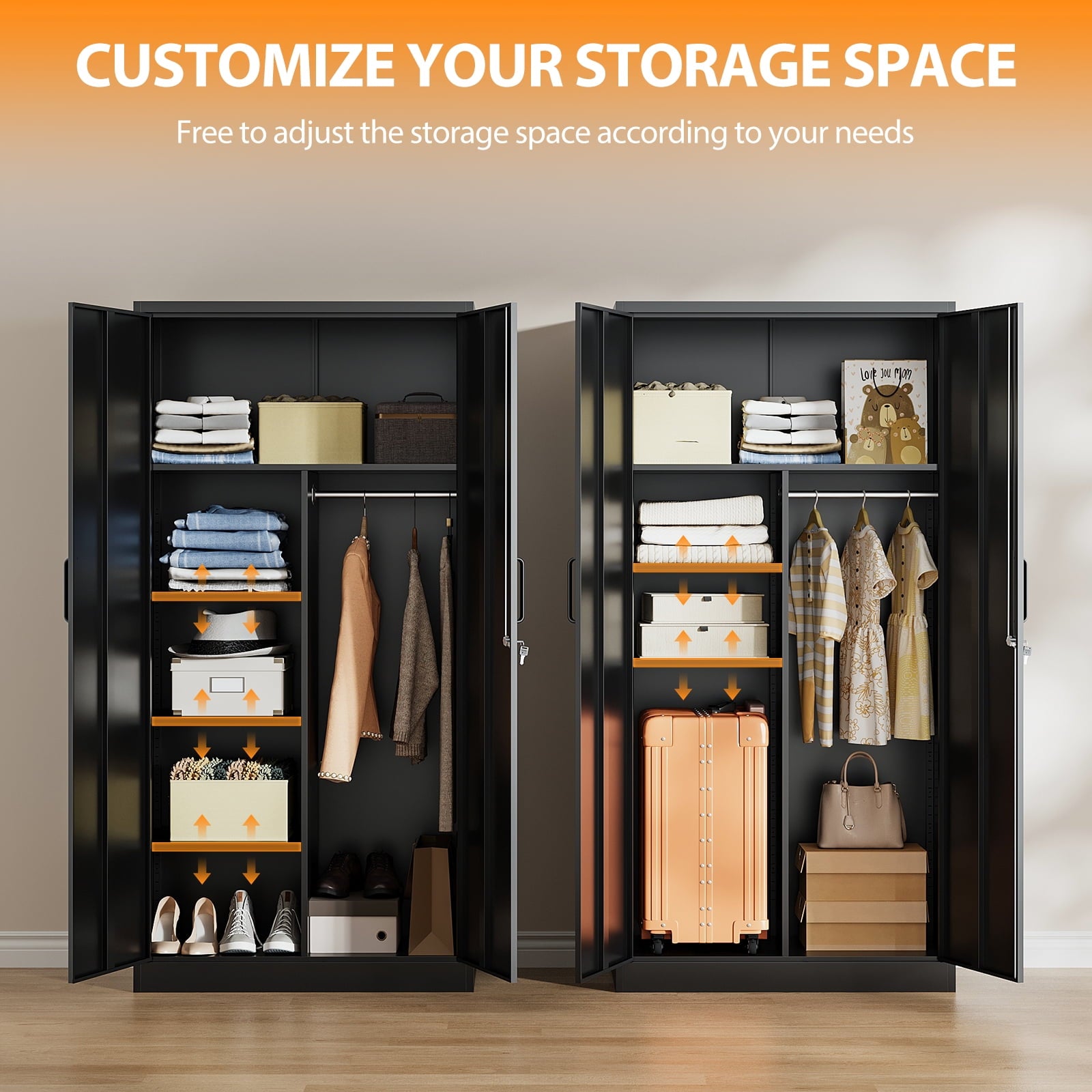 STANI Metal Wardrobe Closet with Hanging Rod, 72 White Armoire Wardrobe Cabinet with Adjustable Shelves, Clothes Storage Organizer Cabinets for Bedroom, Bathroom, Office
