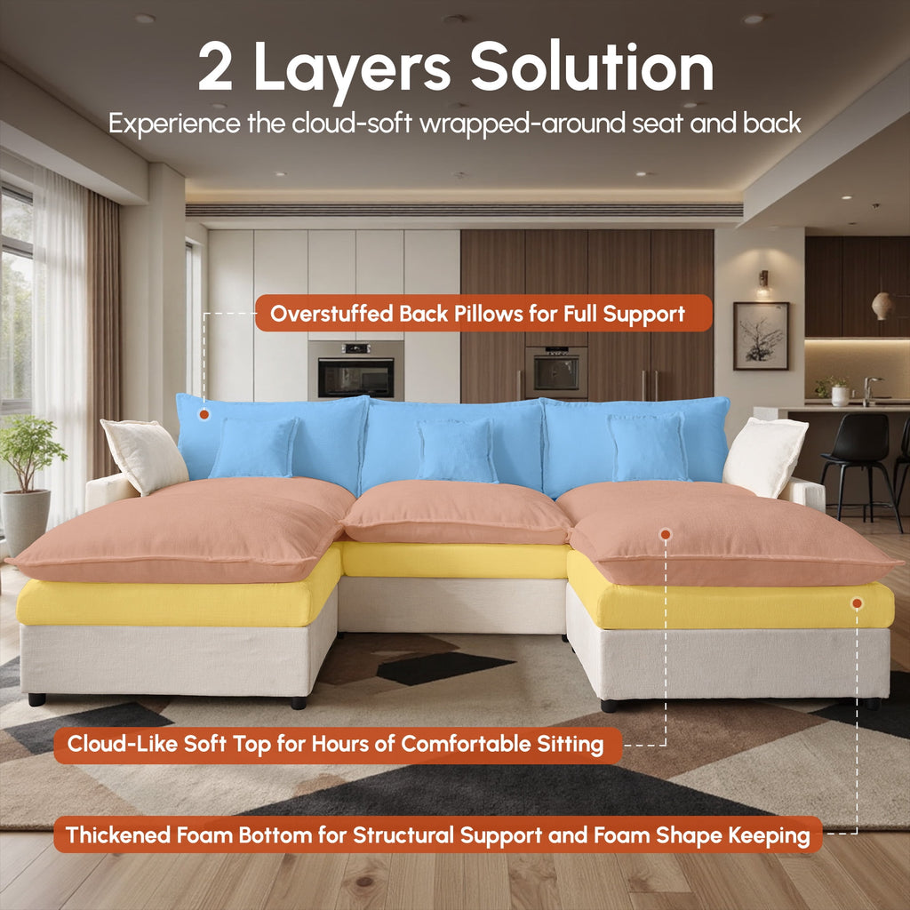 Ovios 108 Modular Sectional Sofa U-Shaped Cloud Couch with 2 Ottomans, Comfy Living Room Furniture, Chenille, Gray