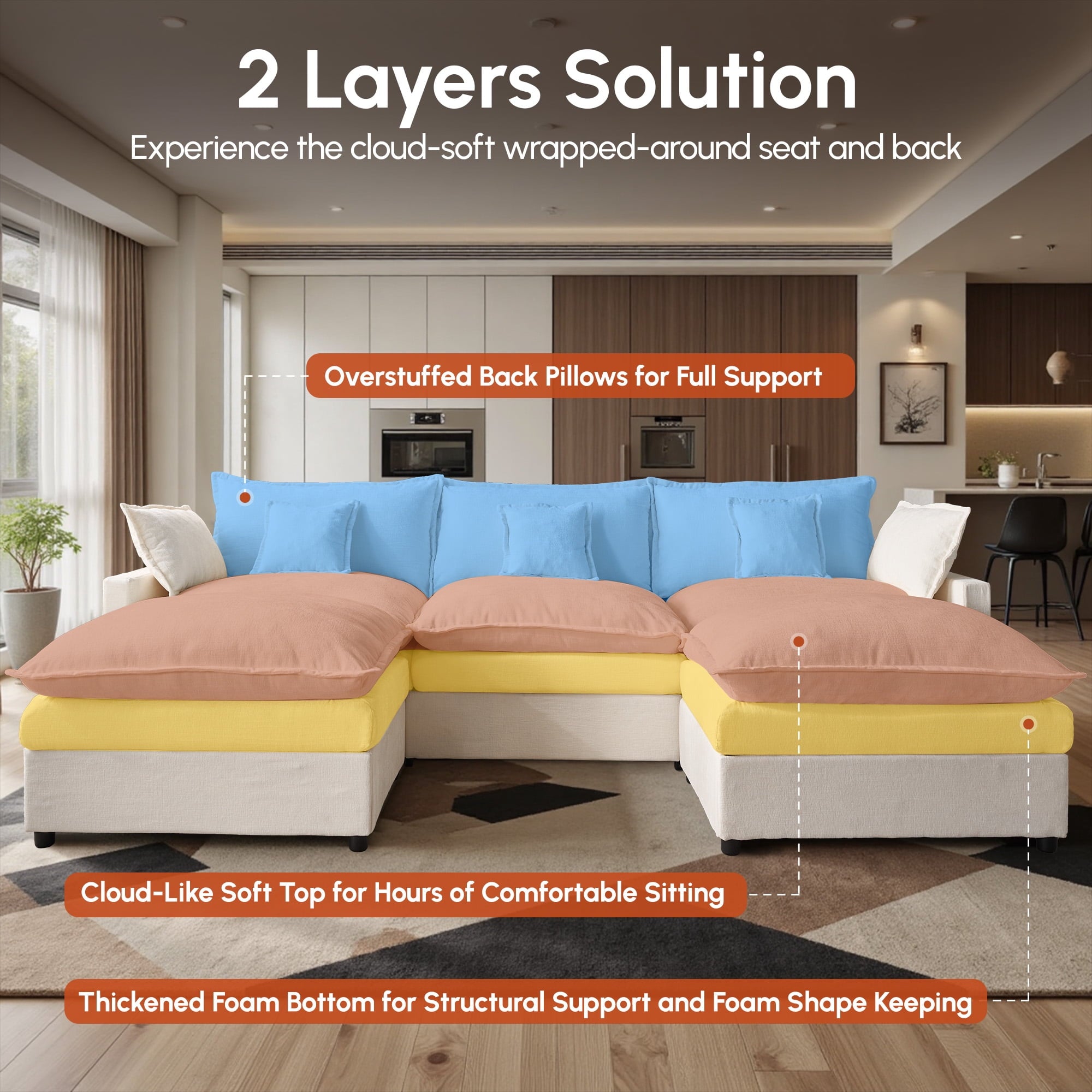 Ovios 108 Modular Sectional Sofa U-Shaped Cloud Couch with 2 Ottomans, Comfy Living Room Furniture, Chenille, Gray