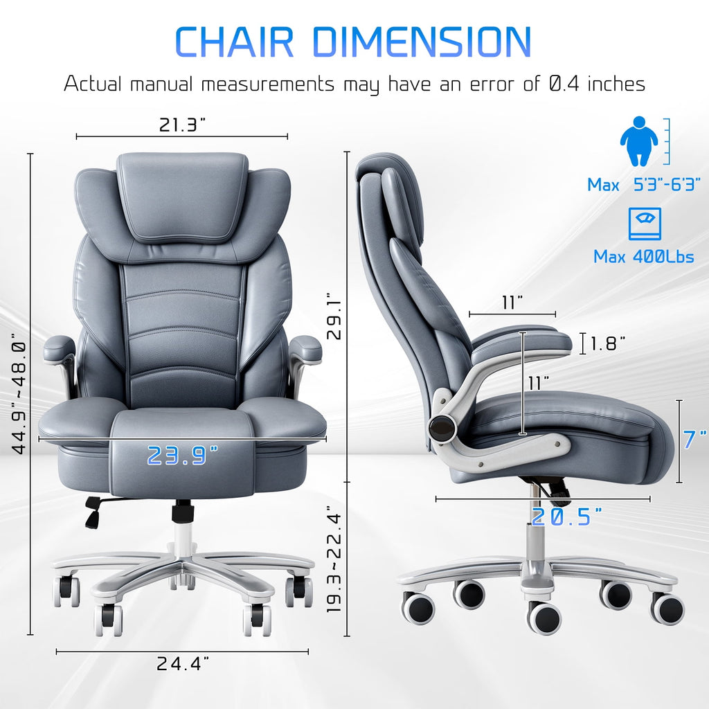 Ninecer Big and Tall Office Chair 400lb Wide Seat, Ergonomic High Back Leather Executive Desk Chair, Computer Chair with Flip-up Arms, Black