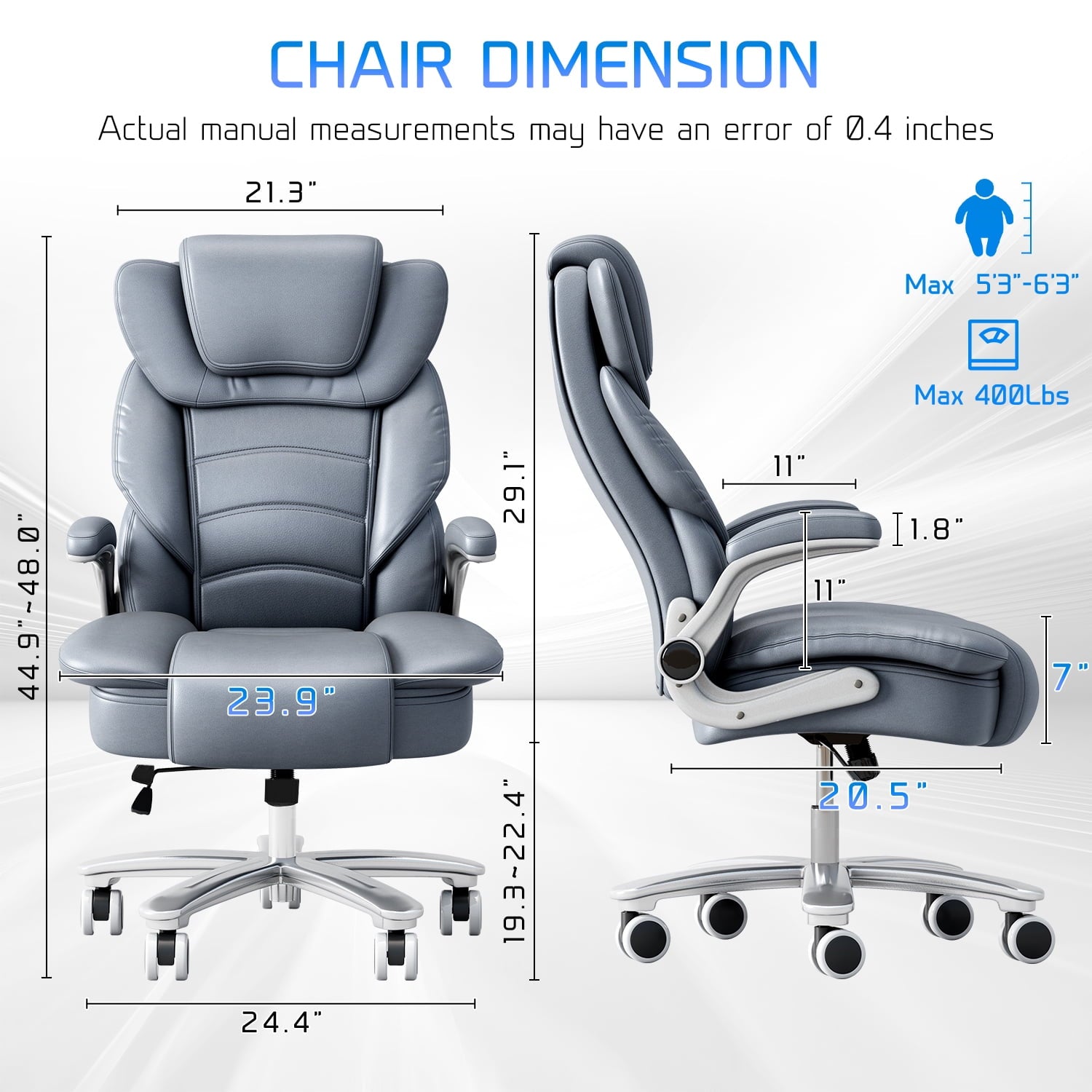 Ninecer Big and Tall Office Chair 400lb Wide Seat, Ergonomic High Back Leather Executive Desk Chair, Computer Chair with Flip-up Arms, Black