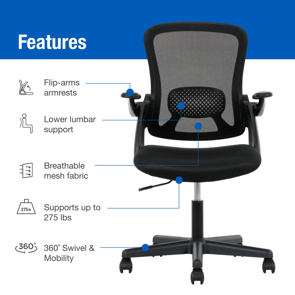 (3 pack) Mainstays Ergonomic Mesh Back Office Chair with Flip Up Arms for Adults, Black Fabric, 275lb
