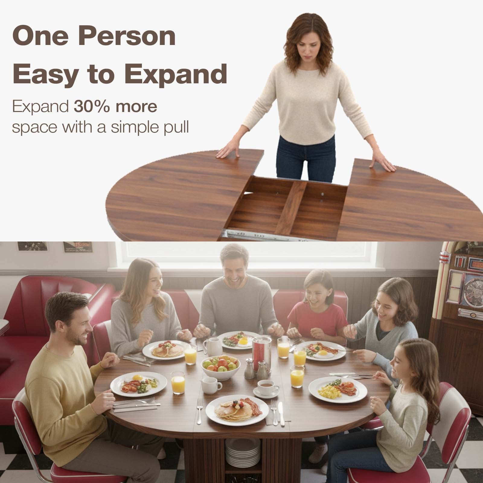 Advwin 59 Extendable Round Dining Table for 4–8, Modern Wood Oval Kitchen Table with Storage Shelf, Space-Saving Expandable Circle Dinner Table for Dining Room, Black