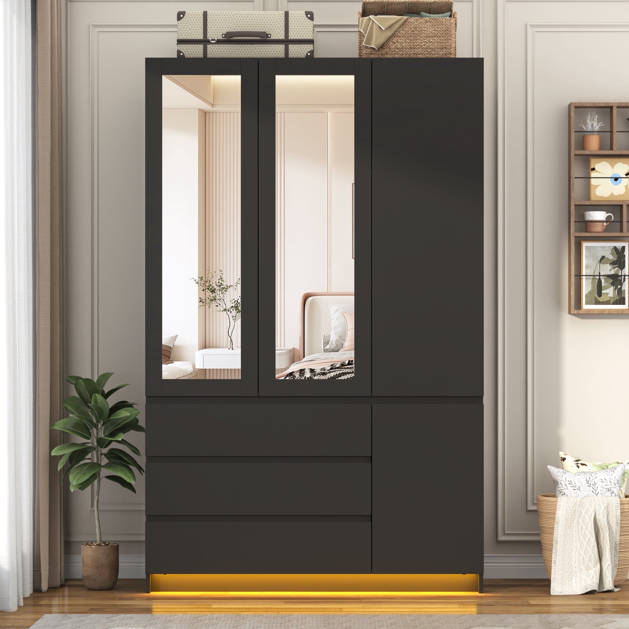 75 Tall 3 Doors Armoire Wardrobe Closet with  3 Drawers and Mirror, Large Wardrobe Closet for Bedroom with LED Lights, Wooden Armoire Storage Cabinet with Hanging Rod, Adjustable shelves (White)