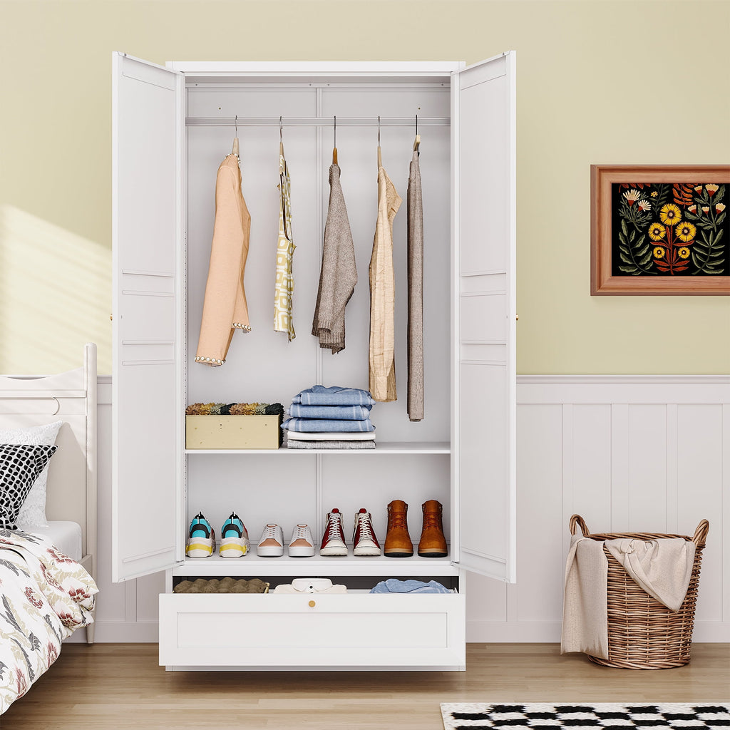 STANI Metal Wardrobe Closet with Hanging Rod, 72 White Armoire Wardrobe Cabinet with Adjustable Shelves, Clothes Storage Organizer Cabinets for Bedroom, Bathroom, Office