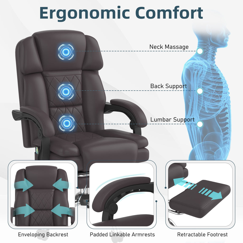 HOMREST Ergonomic Office Chair with 6-Point Massage & Heating, Adjustable Executive Desk Chair with Retractable Footrest, PU Leather Home Office Desk Chair for Home & Office (Black)