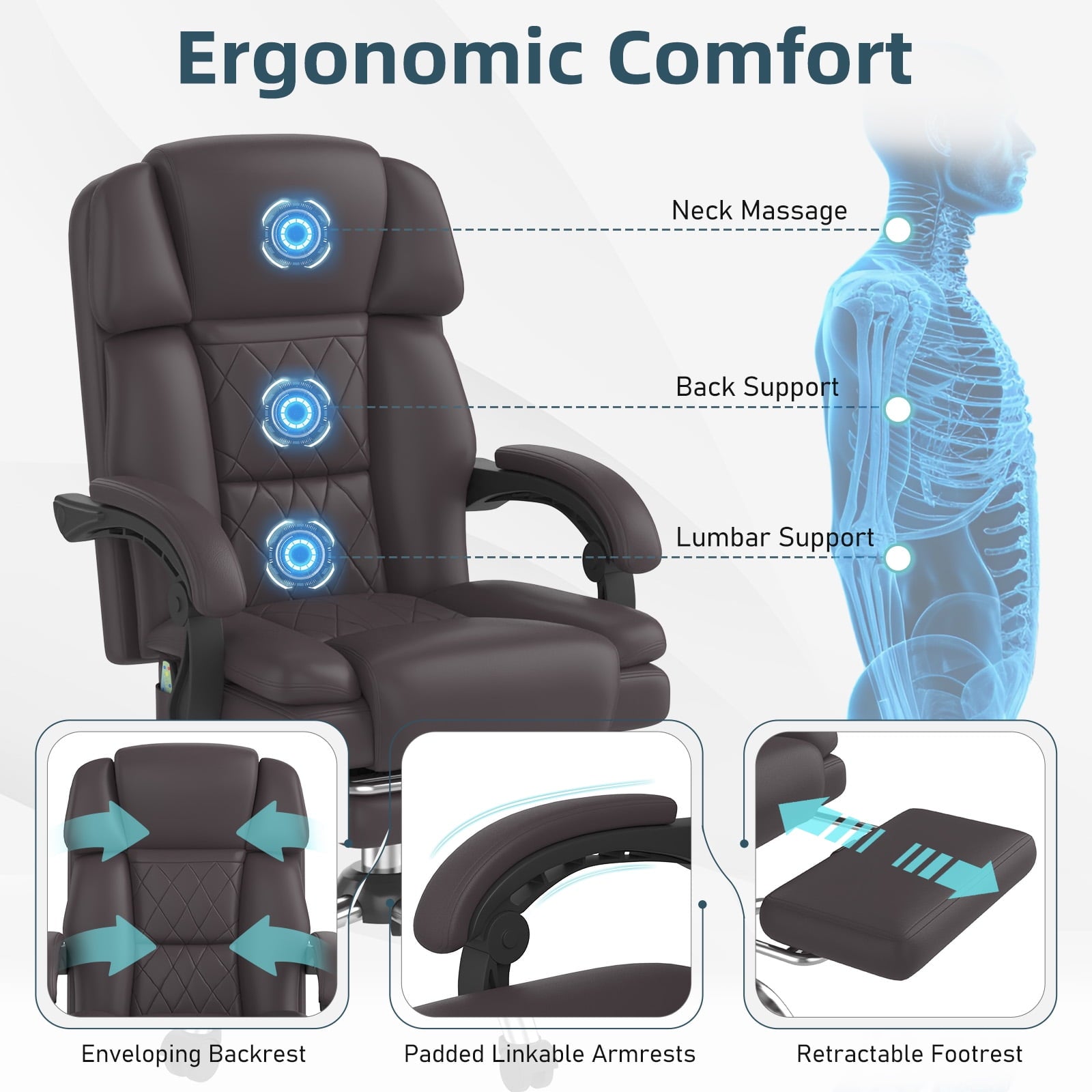 HOMREST Ergonomic Office Chair with 6-Point Massage & Heating, Adjustable Executive Desk Chair with Retractable Footrest, PU Leather Home Office Desk Chair for Home & Office (Black)