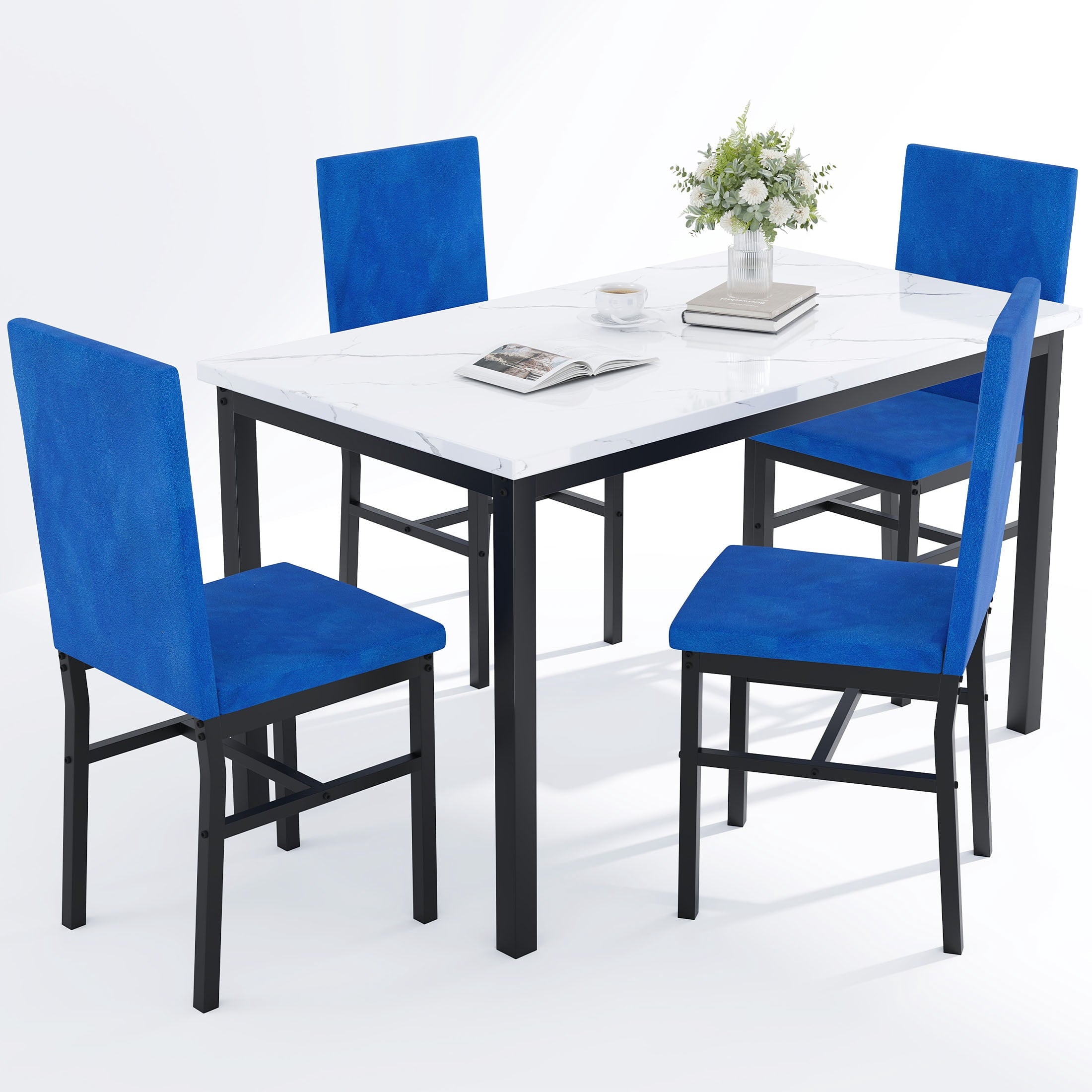 UHOMEPRO Dining Table Set for 4, 5 Piece Dining Room Table Set with Gray Velvet Upholstered Chairs, White Faux Marble Pattern Rectangle Kitchen Table Set for Breakfast Nook Small Space