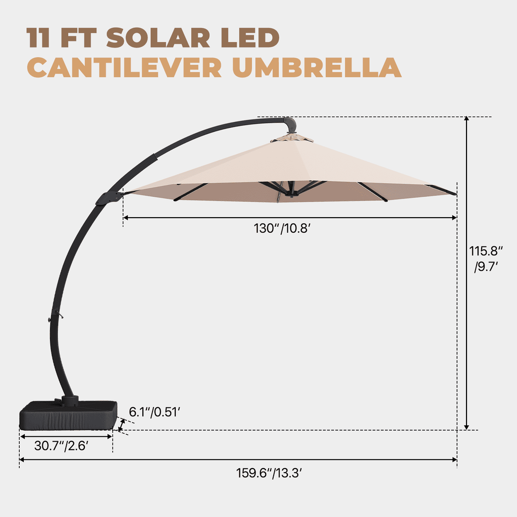 BaPiPro 11ft Offset Cantilever Patio Umbrella with Solar Lights & Base Included, Large Round Heavy Duty Frame Umbrella, 360° Rotation, for Deck Pool Backyard, Beige