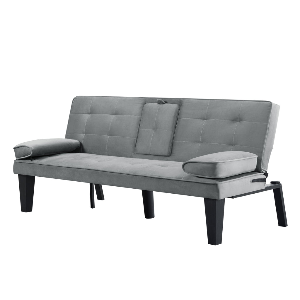 BSHTI 65 Modern Velvet Futon Sofa Bed with Drop Down Cup Holders, 3-Position Adjustable Backrest, Removable Arm Cushions, Chrome Legs for Living Room & Guest Room Black