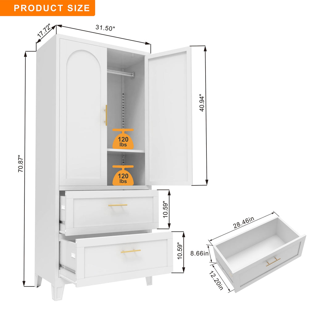 avobird 60 Tall Metal Wardrobe Cabinet with 1 Drawer and Hanging Rod, 2 Doors Wardrobe Closet with Shelf for Bedroom, Beige