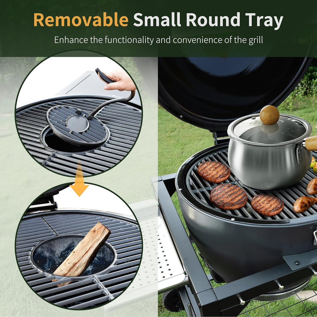Brand Man 22 Kamado Charcoal Smoker Grill with Rolling Cart, Warming Rack, Pizza Stone & Vegetable Basket for Outdoor BBQ