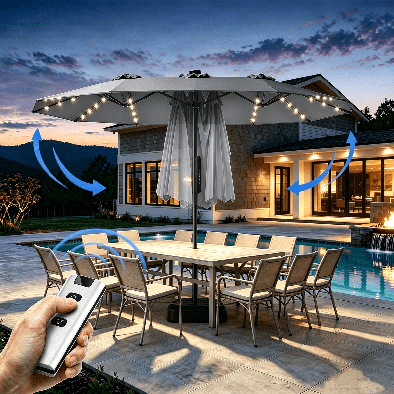 15ft Smart Electric Patio Umbrella, Large Double Sided Rectangular Outdoor Patio Umbrella with Light and Base for Lawn, Garden, Backyard,Beige