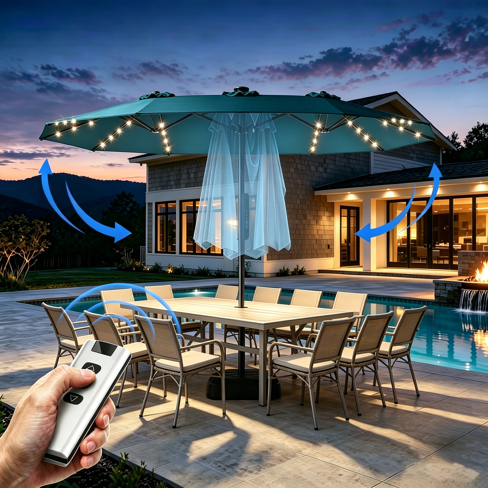 15ft Smart Electric Patio Umbrella, Large Double Sided Rectangular Outdoor Patio Umbrella with Light and Base for Lawn, Garden, Backyard,Beige