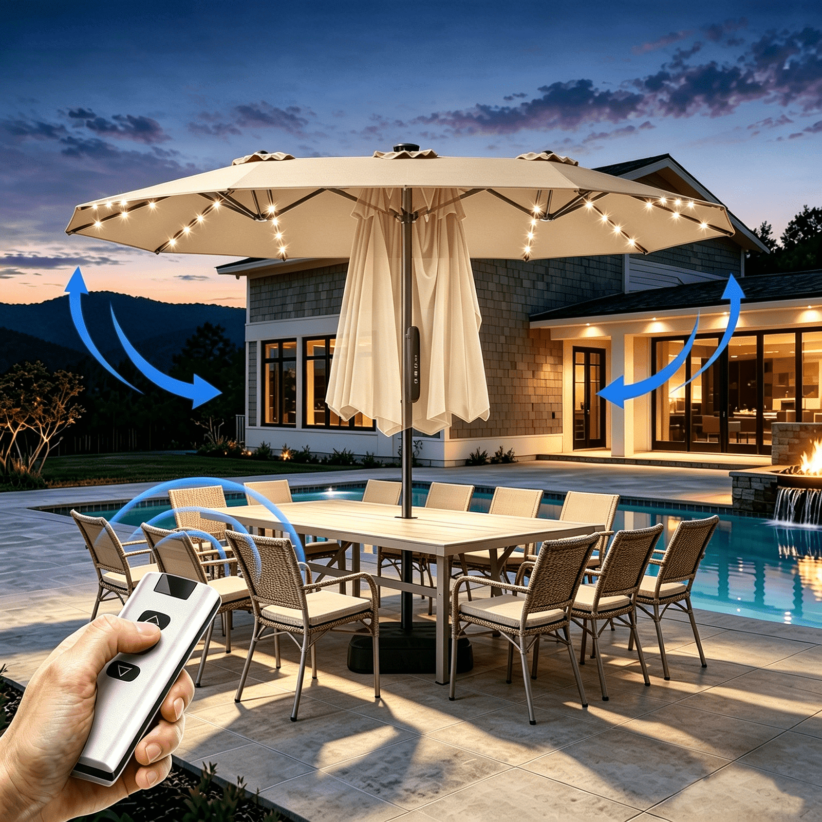 15ft Smart Electric Patio Umbrella, Large Double Sided Rectangular Outdoor Patio Umbrella with Light and Base for Lawn, Garden, Backyard,Beige