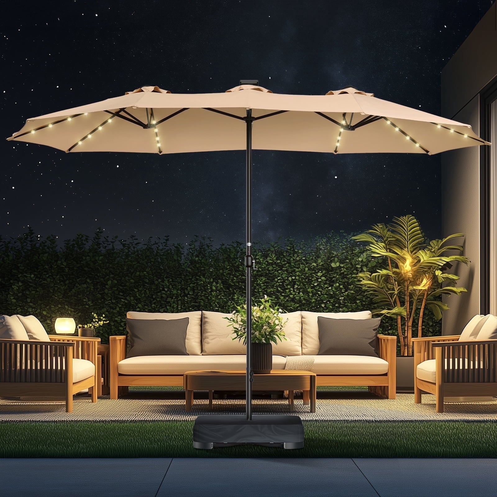 Patbrela 15ft Patio Umbrella with Light and Base, Double Sided  Large Rectangular Outdoor Umbrella with Crank Handle, for Garden, Yard, Poolside and Outdoor Activities, Gray