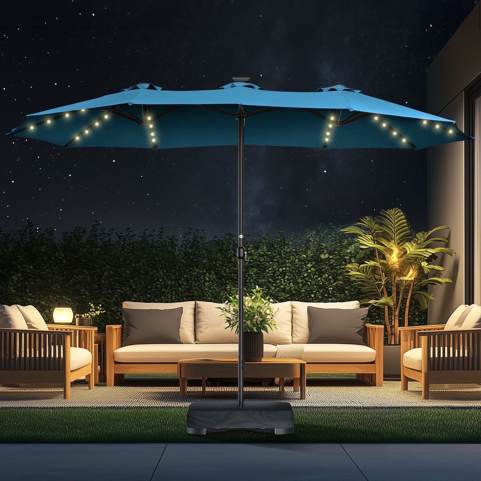 Patbrela 15ft Patio Umbrella with Light and Base, Double Sided  Large Rectangular Outdoor Umbrella with Crank Handle, for Garden, Yard, Poolside and Outdoor Activities, Gray