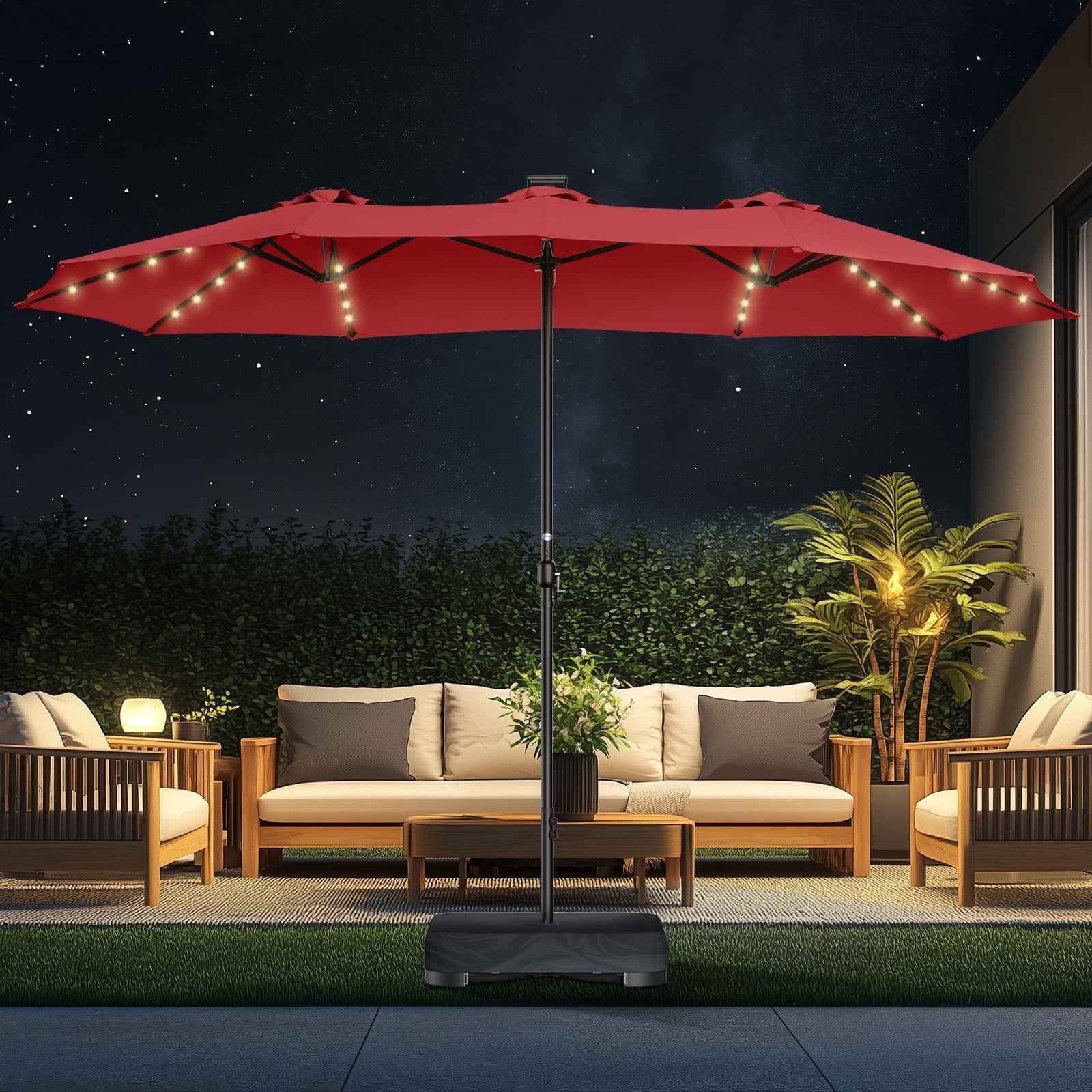 Patbrela 15ft Patio Umbrella with Light and Base, Double Sided  Large Rectangular Outdoor Umbrella with Crank Handle, for Garden, Yard, Poolside and Outdoor Activities, Gray
