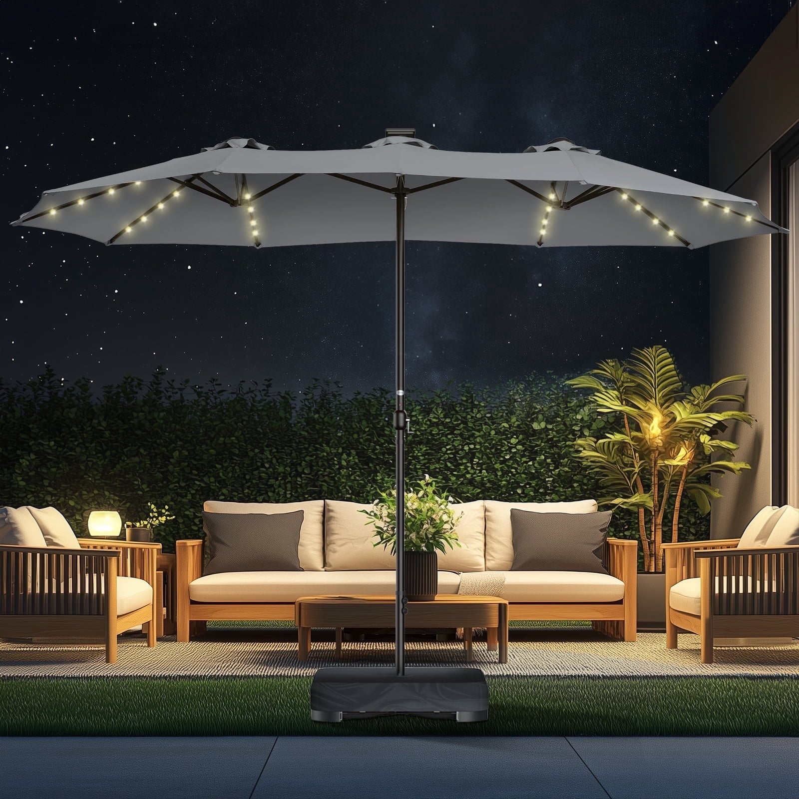 Patbrela 15ft Patio Umbrella with Light and Base, Double Sided  Large Rectangular Outdoor Umbrella with Crank Handle, for Garden, Yard, Poolside and Outdoor Activities, Gray