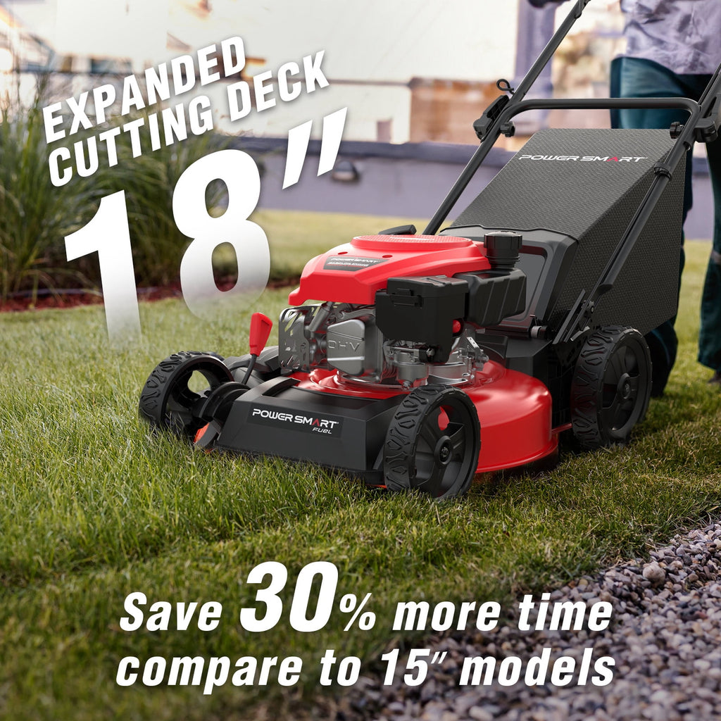 PowerSmart 144cc 18  Gas Push Lawn Mower, Steel Deck, 5-Position Height Adjustment