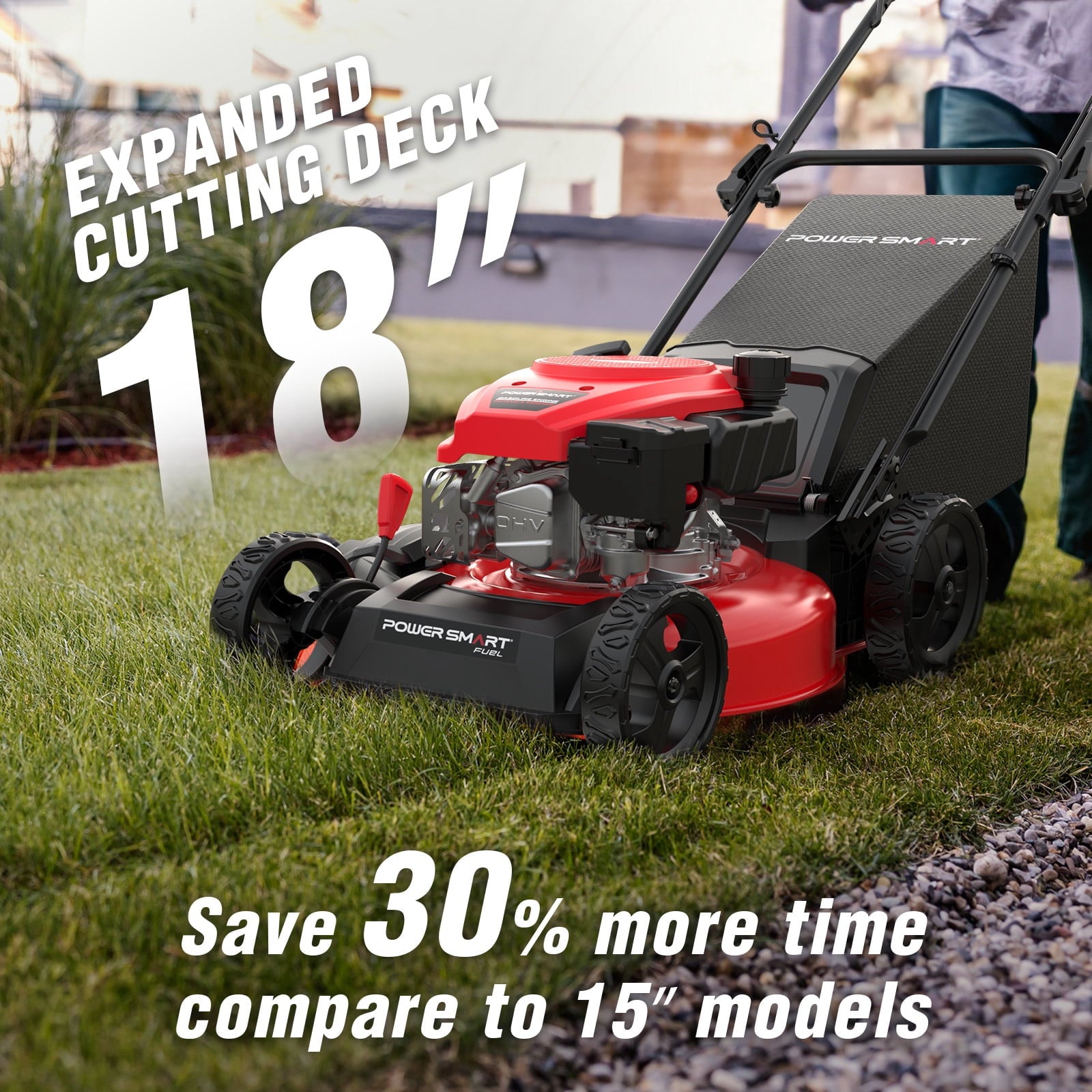 PowerSmart 144cc 18  Gas Push Lawn Mower, Steel Deck, 5-Position Height Adjustment