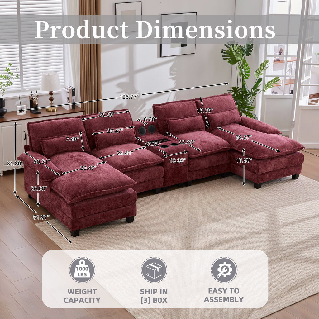 Villeston 126.77 U-Shaped Cloud Sofa With Chaise Lounge, Chenille Sofa With Wireless Charging, Bluetooth Speaker, Two Cup Holders, Storage Drawer, Suitable For Living Room,Gray