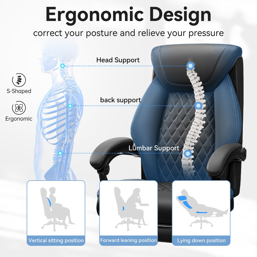 FASTES Ergonomic Office Chair, Big and Tall Leather Desk Chair with Footrest and Lumbar Support, 2-Position Reclining Executive Computer Chair, Black
