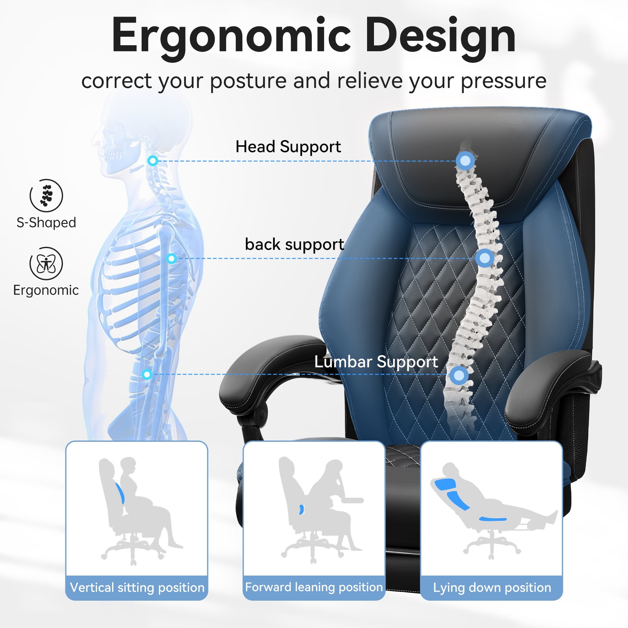 FASTES Ergonomic Office Chair, Big and Tall Leather Desk Chair with Footrest and Lumbar Support, 2-Position Reclining Executive Computer Chair, Black