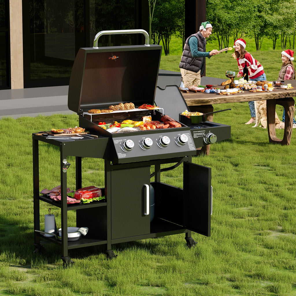 4 Burner Propane Gas Grill with 3 Tier Shelf, 50000 BTU Outdoor Cooking Stainless Steel BBQ Grills Cabinet,Can be Placed Smoke Box，Black