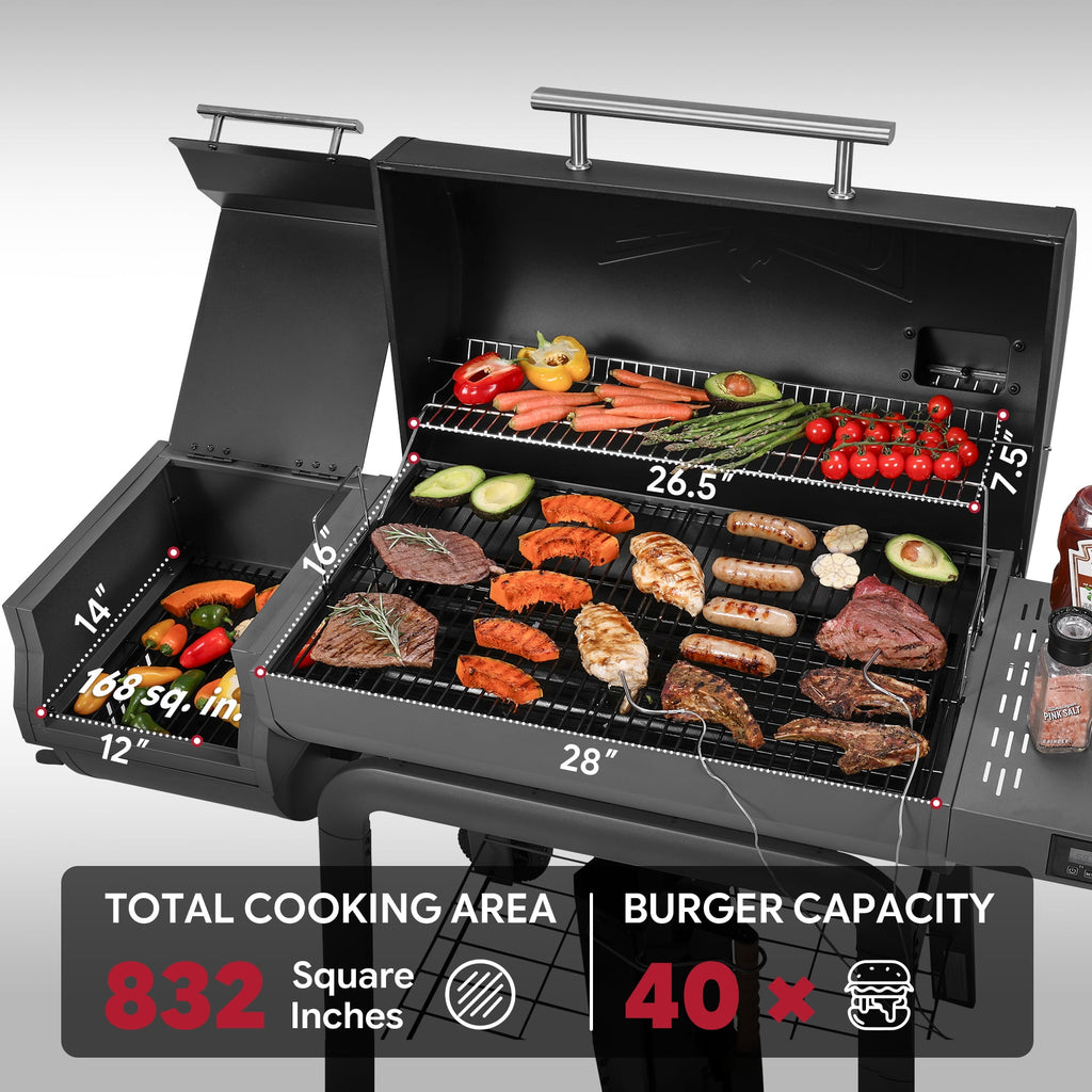 Feasto 30-inch Heavy-Duty Charcoal Grill with Offset Smoker - Digital Temperature Control & 2 Meat Probes, 815 Sq. In. Cooking Space for Backyard Bbq