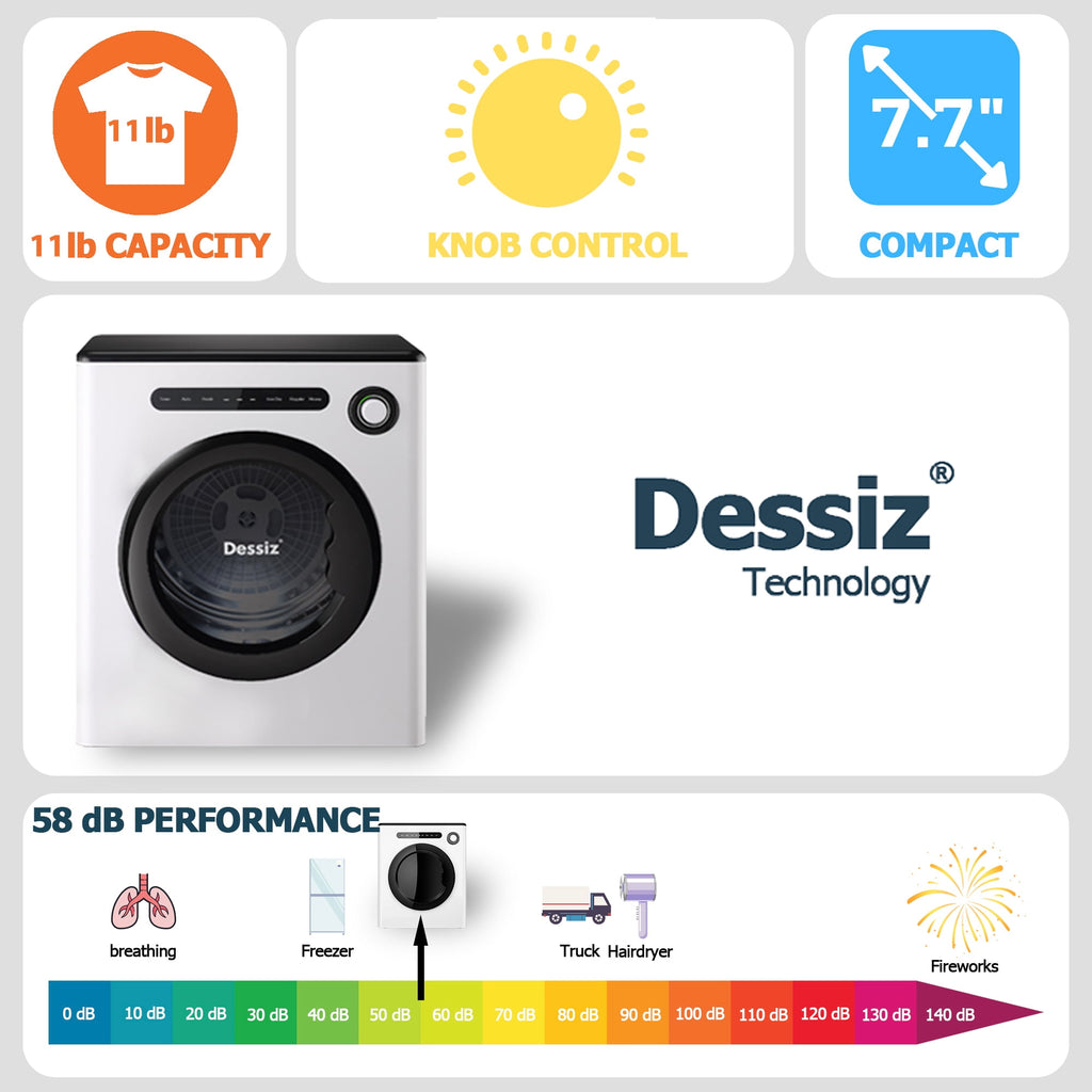 Dessiz 120V Portable Clothes Dryers 1000W Compact Dryer 1.7cu.ft Front Load Stainless Steel 12lbs Electric Dryers Machine with Exhaust pipe for Apartment,RVs,Dorms,Auto Stop and Easy Control
