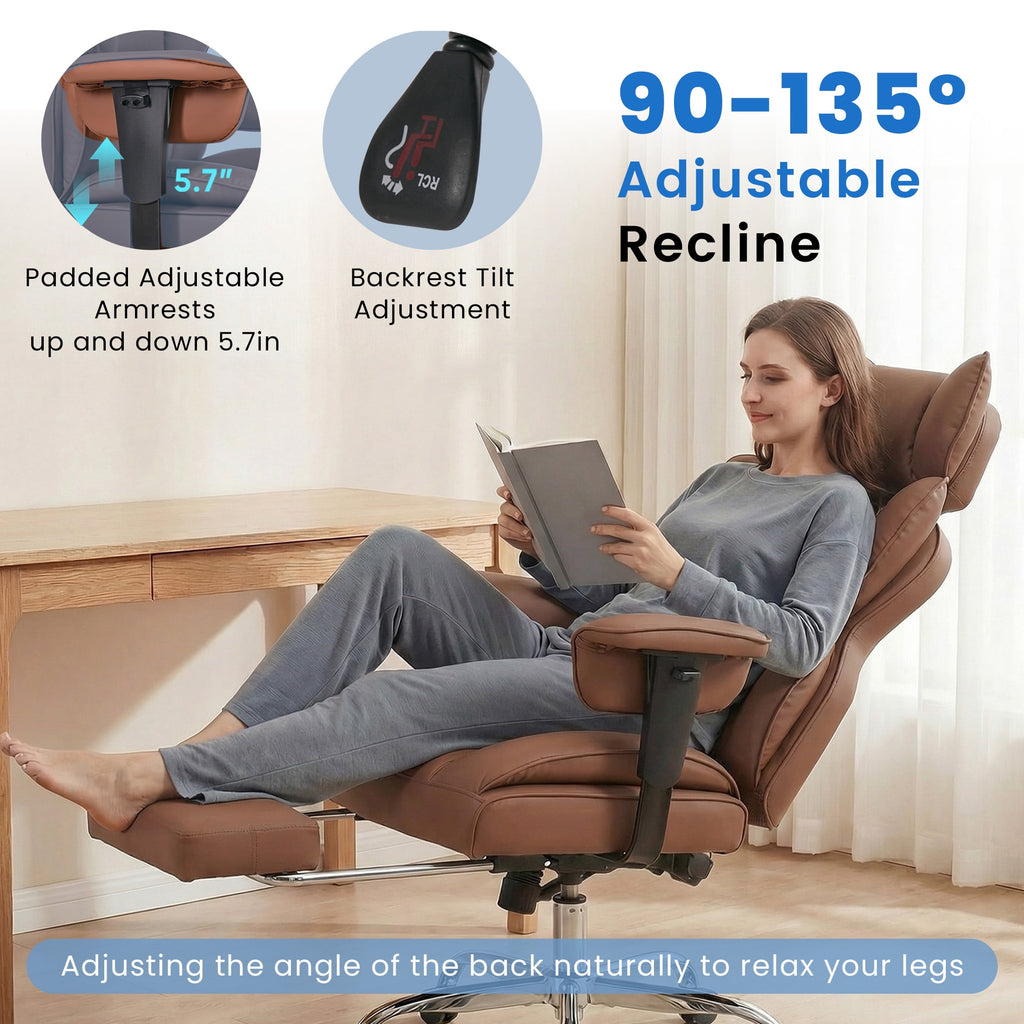 edx Executive Home Office Desk Chair, Ergonomic Big Tall High Back with Footrest & Lumbar Support, Reclining Comfy PU Leather Computer Gaming Chair with Swivel Wheels, Height Adjustable, Black