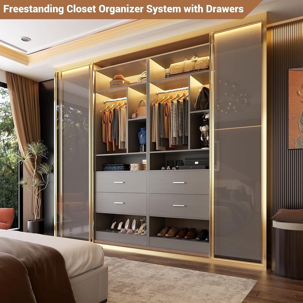 Homieasy Freestanding 24 Closet System with 2 Wood Drawers, 2FT Small Closet Organizer System with 6 Shelves & Hanging Rod, Walk-in Closet Systems for Small Closets, White