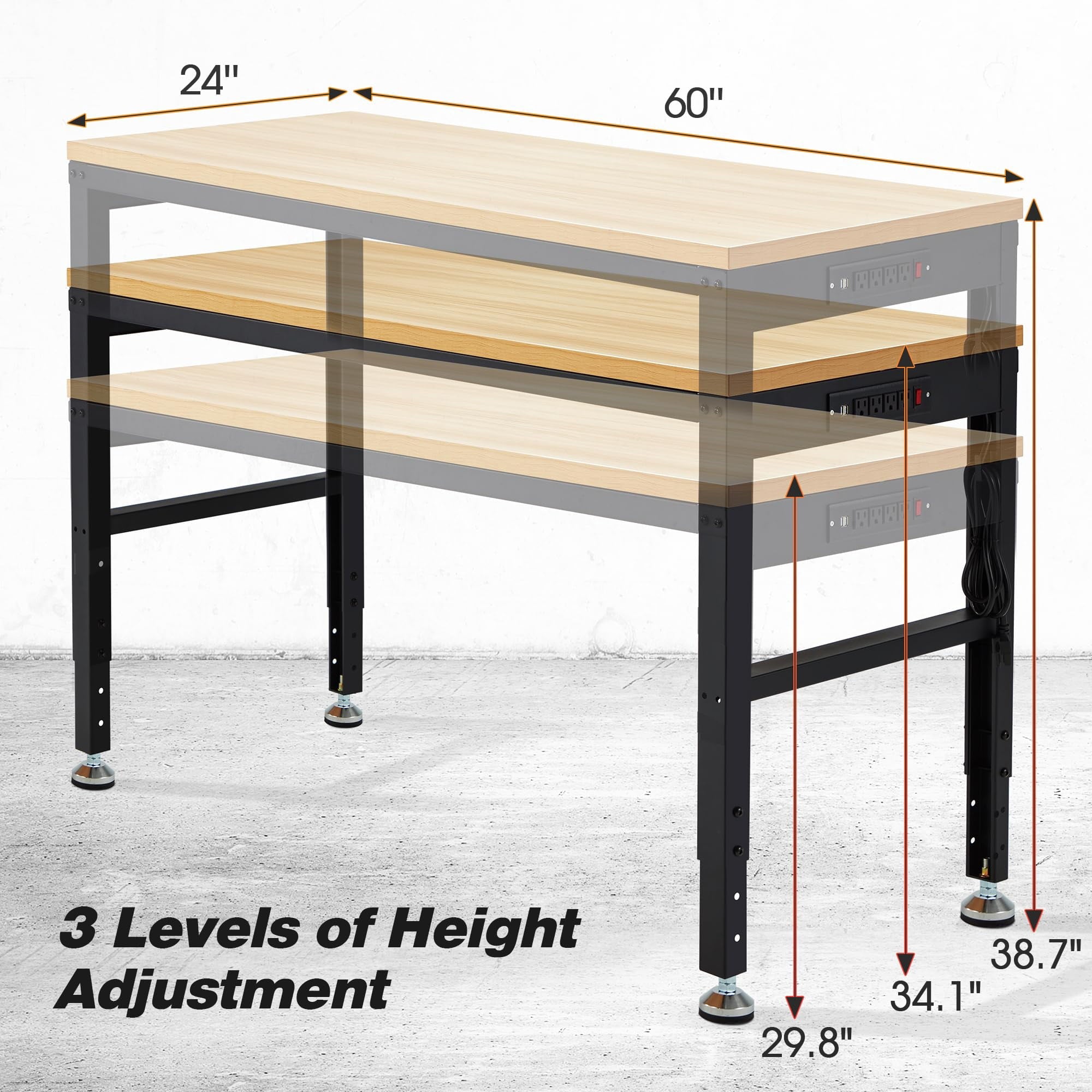 AHB 70 Adjustable Height Workbench with Power Outlets and Pegboard, 2000 lbs Heavy Duty Rubber Wood Top Work Table for Garage, Workshop, Office and Home
