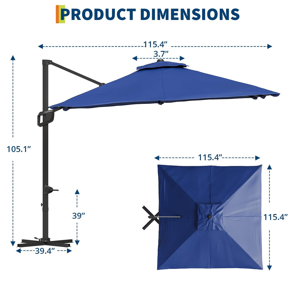 10x10 FT Offset Patio Umbrella with Base Included, 360° Rotation Large Square Cantilever Umbrella, Outdoor Sun Shade with Easy Tilt for Pool, Backyard, Deck, Garden, Navy Blue
